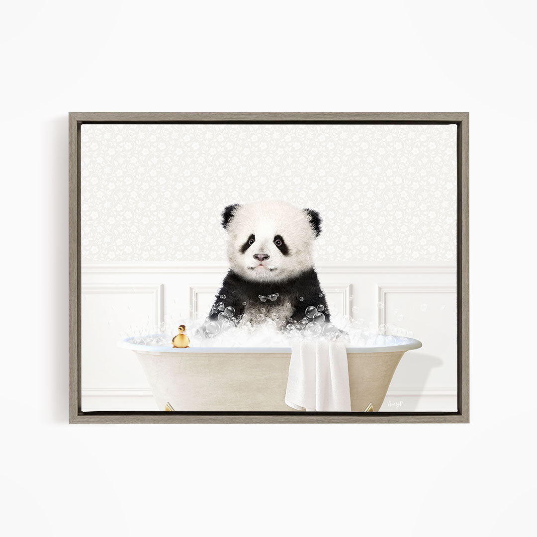 A panda bear sitting in a bathtub filled with bubbles, surrounded by a white background.