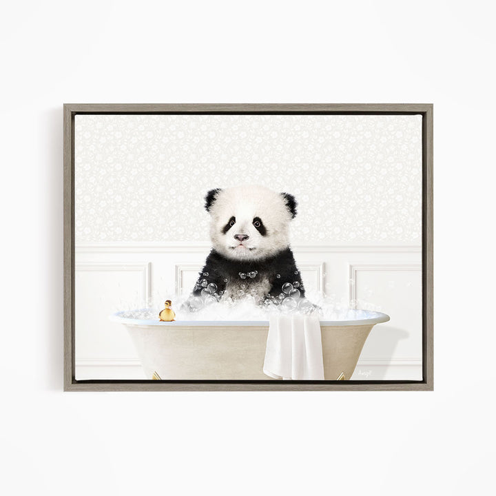 A panda bear sitting in a bathtub filled with bubbles, surrounded by a white background.