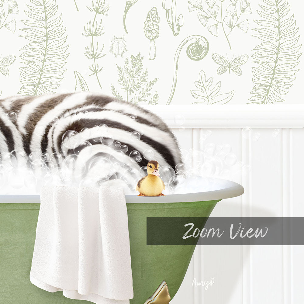 A zebra lying in a green bathtub, with a small yellow bird perched on its back, against a backdrop of green and white floral wallpaper.