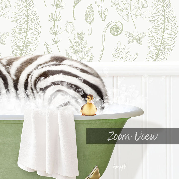 A zebra lying in a green bathtub, with a small yellow bird perched on its back, against a backdrop of green and white floral wallpaper.