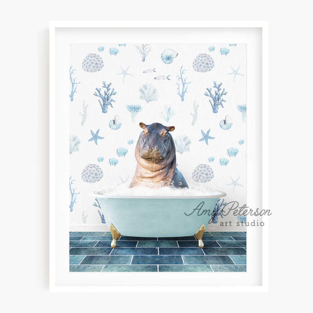 a hippo is sitting in a bathtub with a blue tile floor