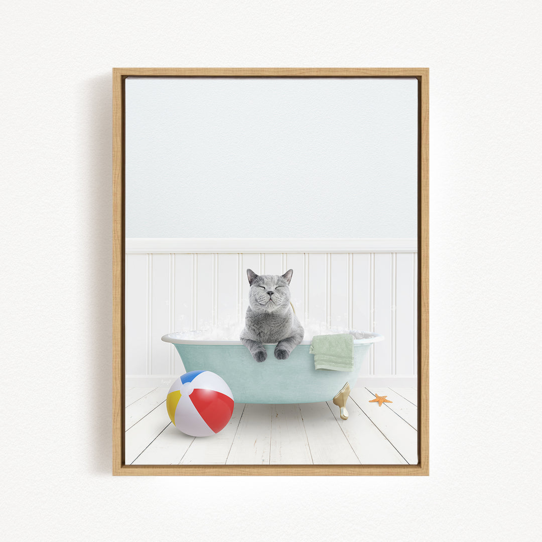 A gray cat sitting in a blue bathtub, surrounded by a beach ball, towel, and starfish, creating a whimsical and playful scene.