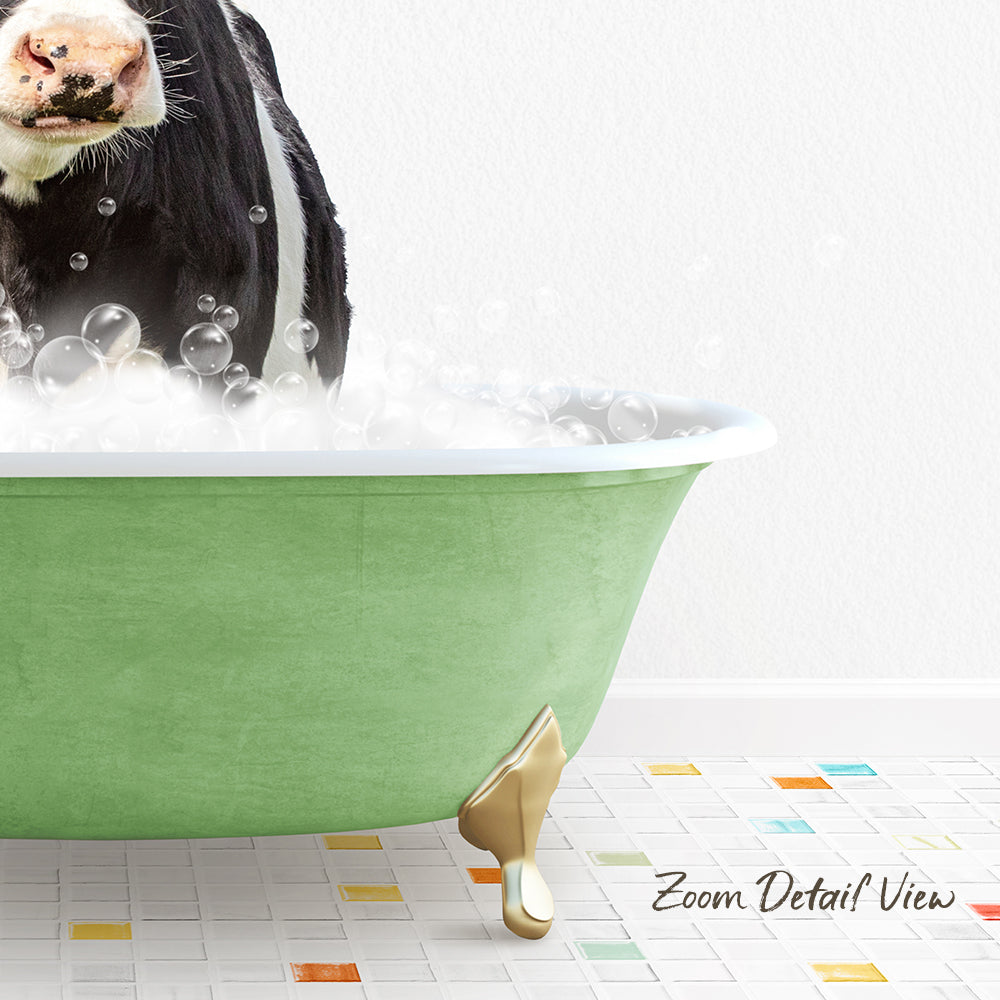 A cow is standing in a green bathtub filled with bubbles, creating a whimsical and playful scene.