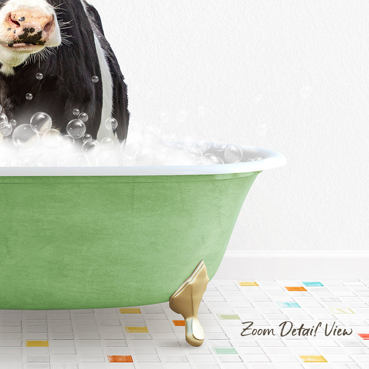 A cow is standing in a green bathtub filled with bubbles, creating a whimsical and playful scene.