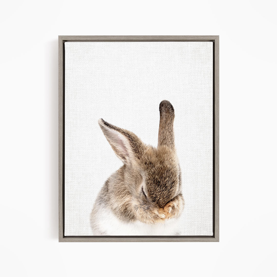 A cute, fluffy rabbit with its head resting on its paws, captured in a serene and peaceful moment.