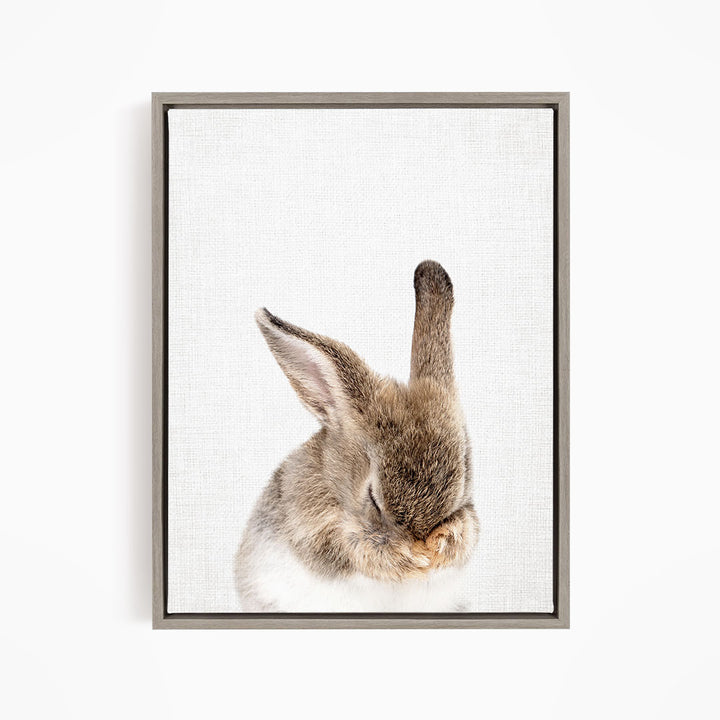 A cute, fluffy rabbit with its head resting on its paws, captured in a serene and peaceful moment.