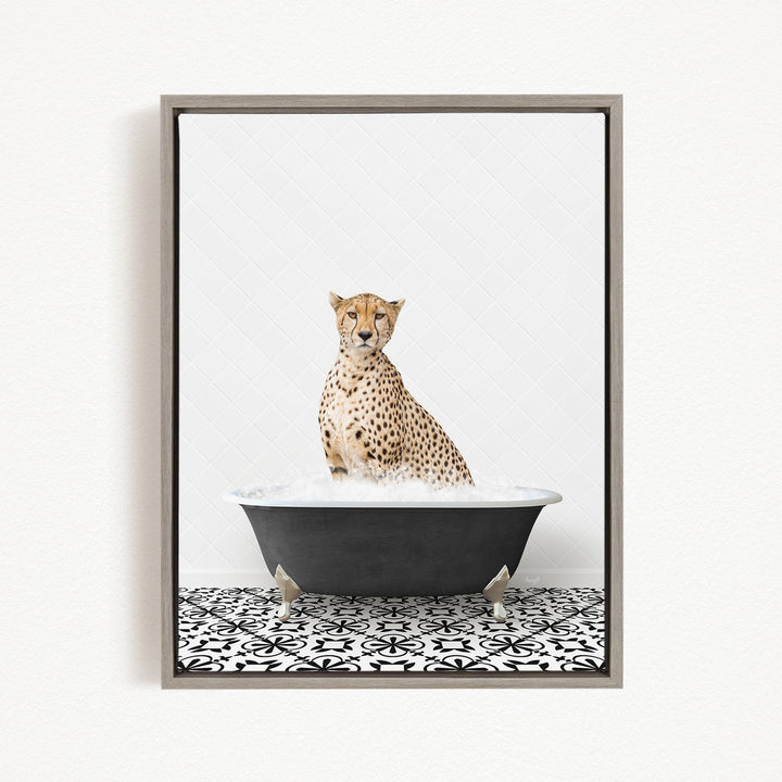 A cheetah sitting in a bathtub filled with water, surrounded by a black and white patterned floor.