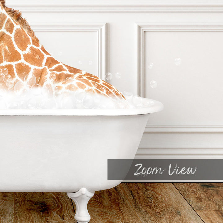 A giraffe is sitting in a white bathtub filled with bubbles, creating a whimsical and playful scene.