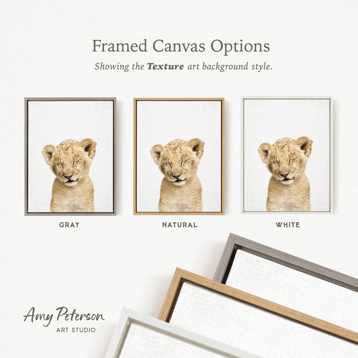 three framed canvas options, each with a different color and frame style, showcasing the texture art background style.