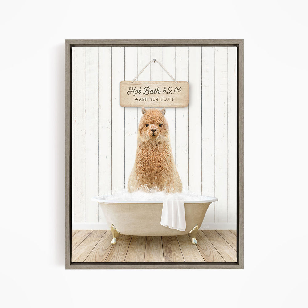 A fluffy brown dog sitting in a white bathtub, with a wooden sign above it that reads "Hot Bath $2.00 WASH YER FLUFF".