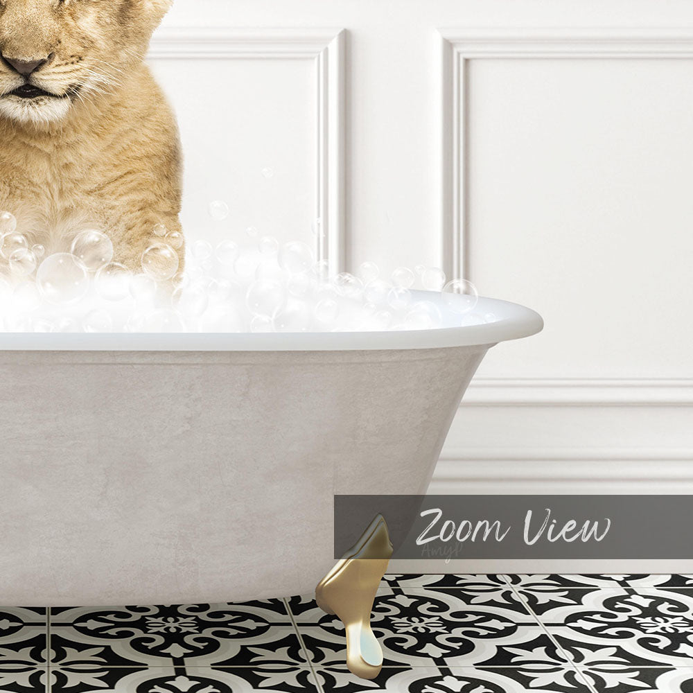 A cat is sitting in a bathtub filled with bubbles, with a white wall and a black and white patterned floor in the background.
