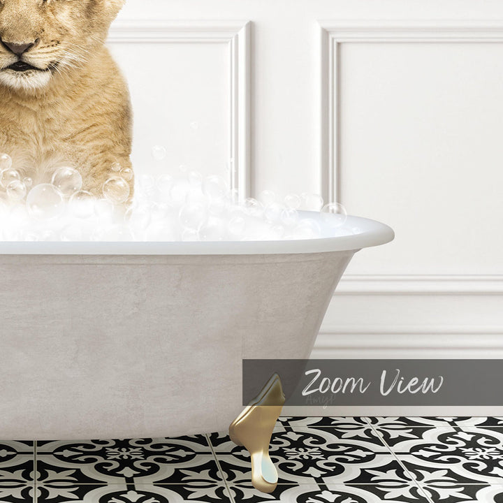A cat is sitting in a bathtub filled with bubbles, with a white wall and a black and white patterned floor in the background.