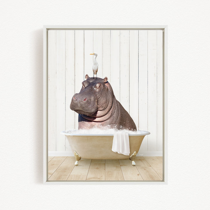 A large hippopotamus is sitting in a bathtub filled with water, with a seagull perched on its head.