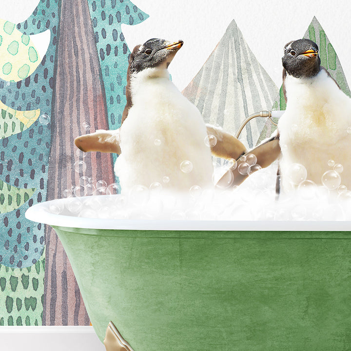 two penguins sitting in a bathtub with bubbles