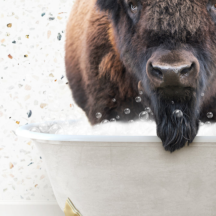 a bison standing in a bathtub with bubbles of water