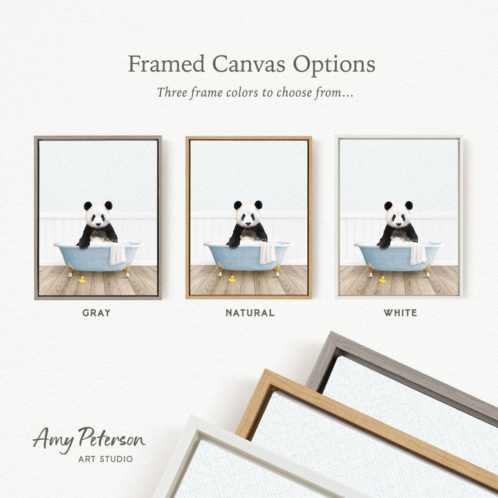 The image is a framed canvas option featuring three different colored frames with a panda bear sitting in a bathtub.