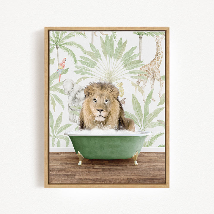 A lion is sitting in a green bathtub, surrounded by a tropical jungle scene with palm trees, giraffes, and other animals.