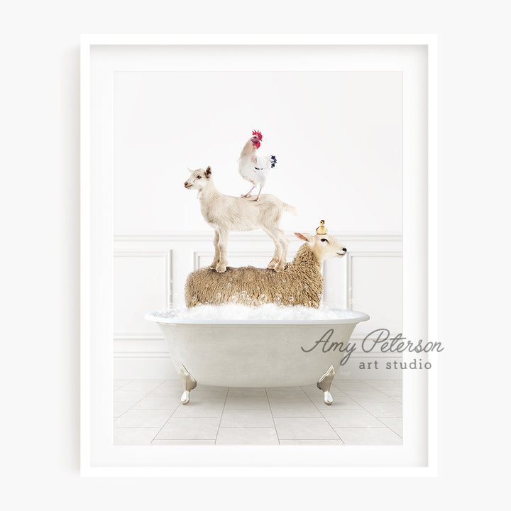 a goat and a chicken sitting on top of a bathtub