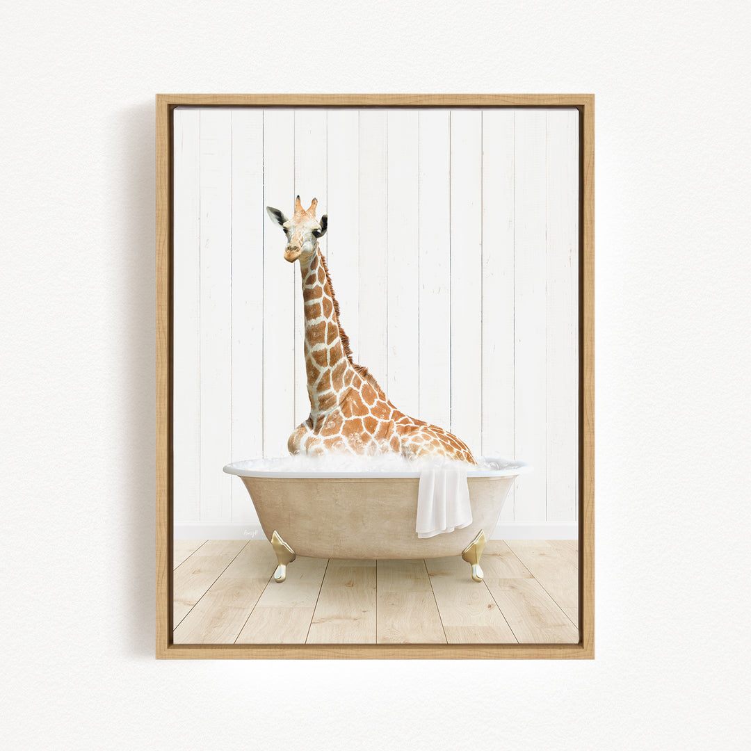 A giraffe sitting in a bathtub filled with water, creating a whimsical and playful scene.