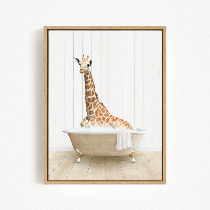 A giraffe sitting in a bathtub filled with water, creating a whimsical and playful scene.