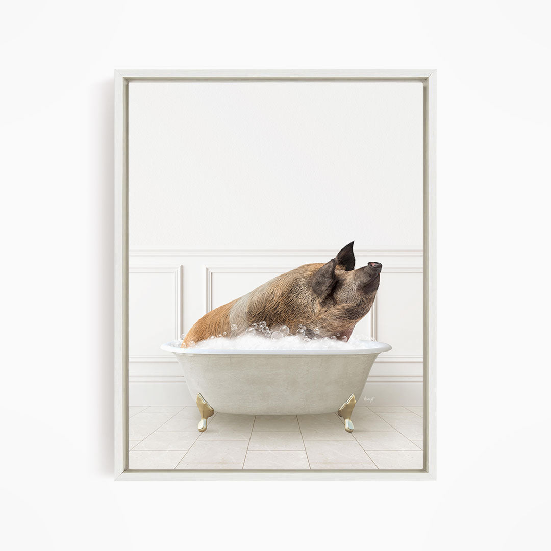 A brown dog is sitting in a white bathtub filled with water, looking up at the camera.