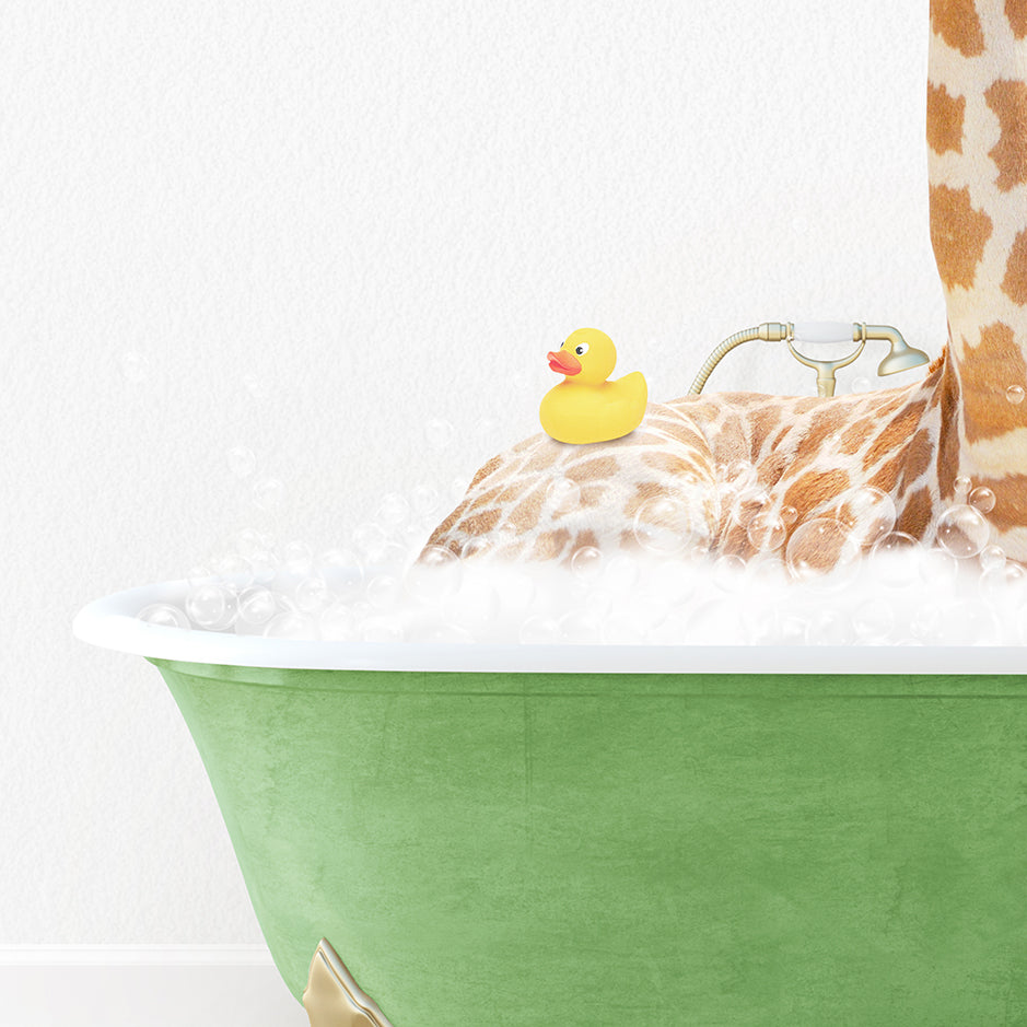 a giraffe and a rubber duck in a bathtub