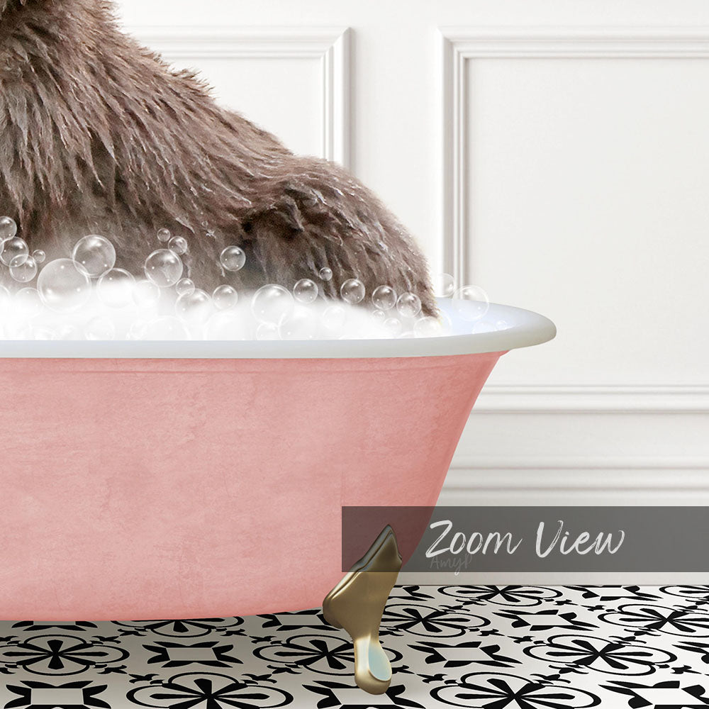 A pink bathtub filled with bubbles, with a dog's paw submerged in the water, creating a playful and whimsical scene.
