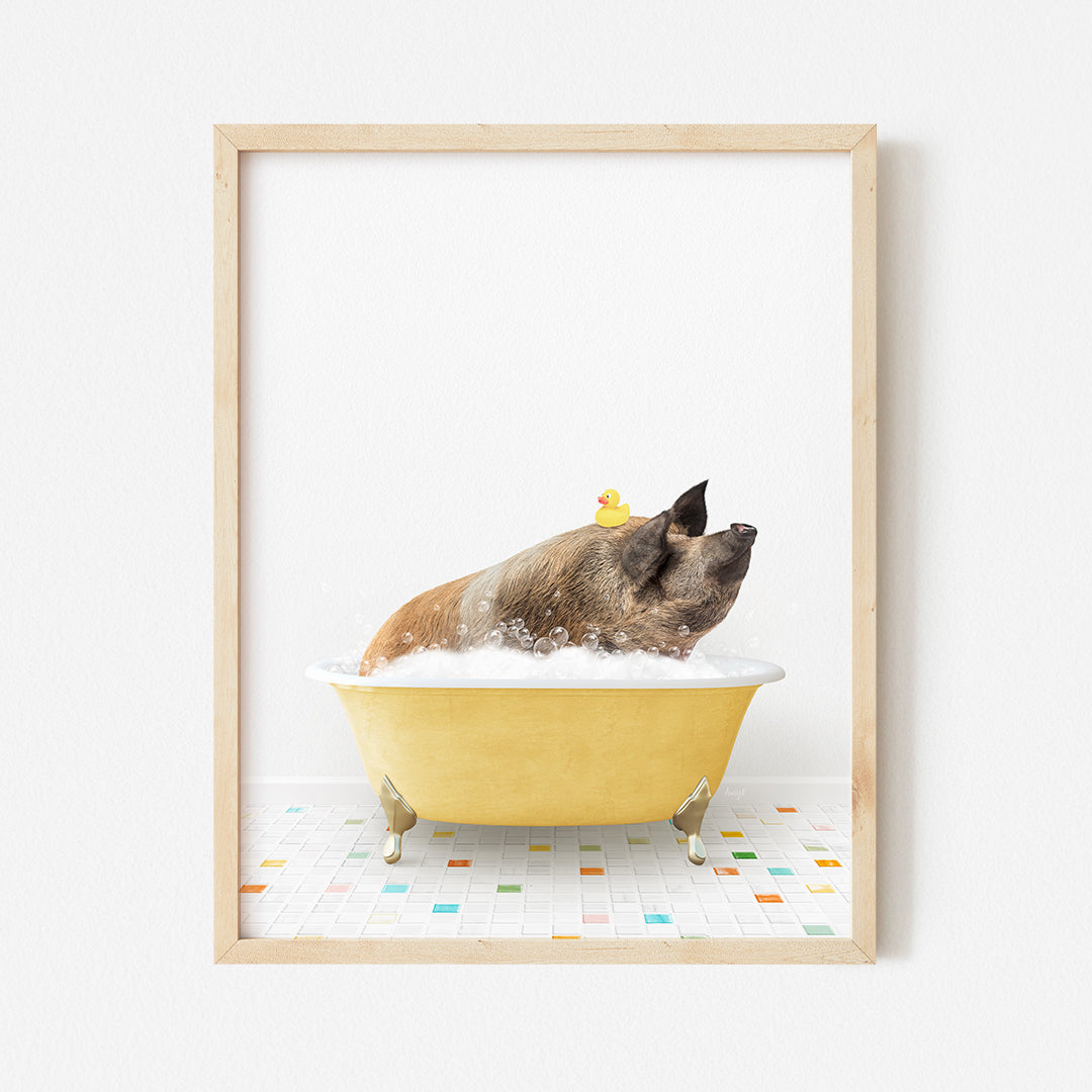 a dog taking a bath in a yellow bathtub