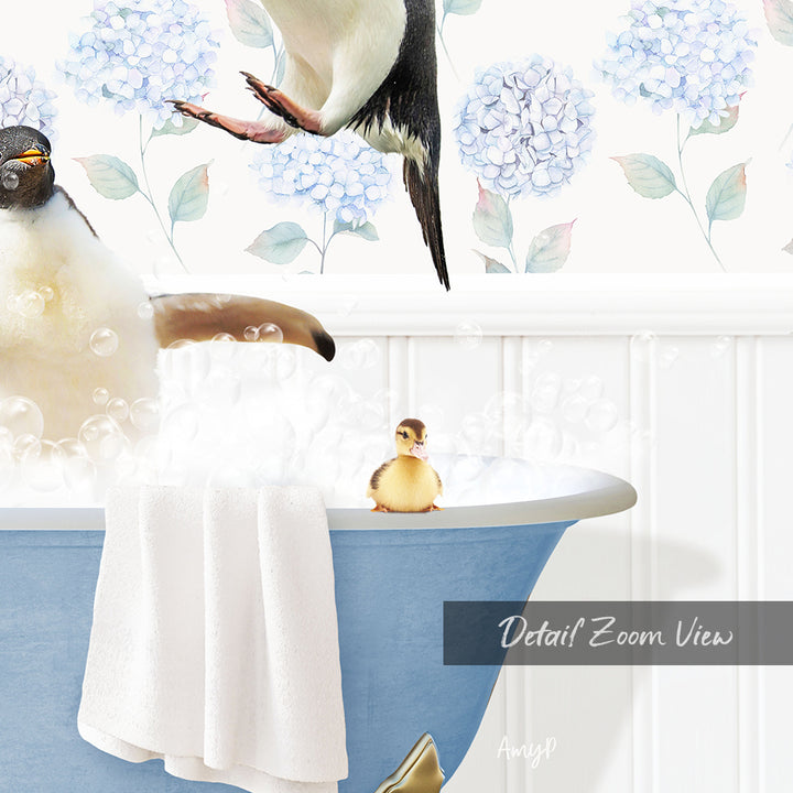 A baby duck sitting in a blue bathtub, surrounded by bubbles, with a penguin standing on its hind legs above the tub.