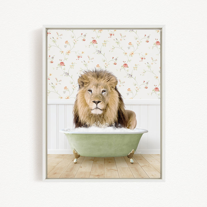 A lion is sitting in a green bathtub filled with water, surrounded by a floral wallpaper.