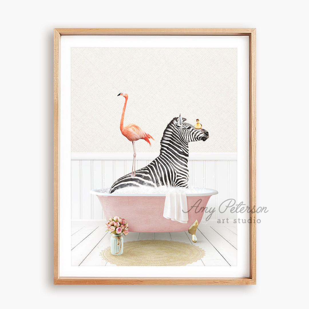 a picture of a zebra and a flamingo in a bathtub