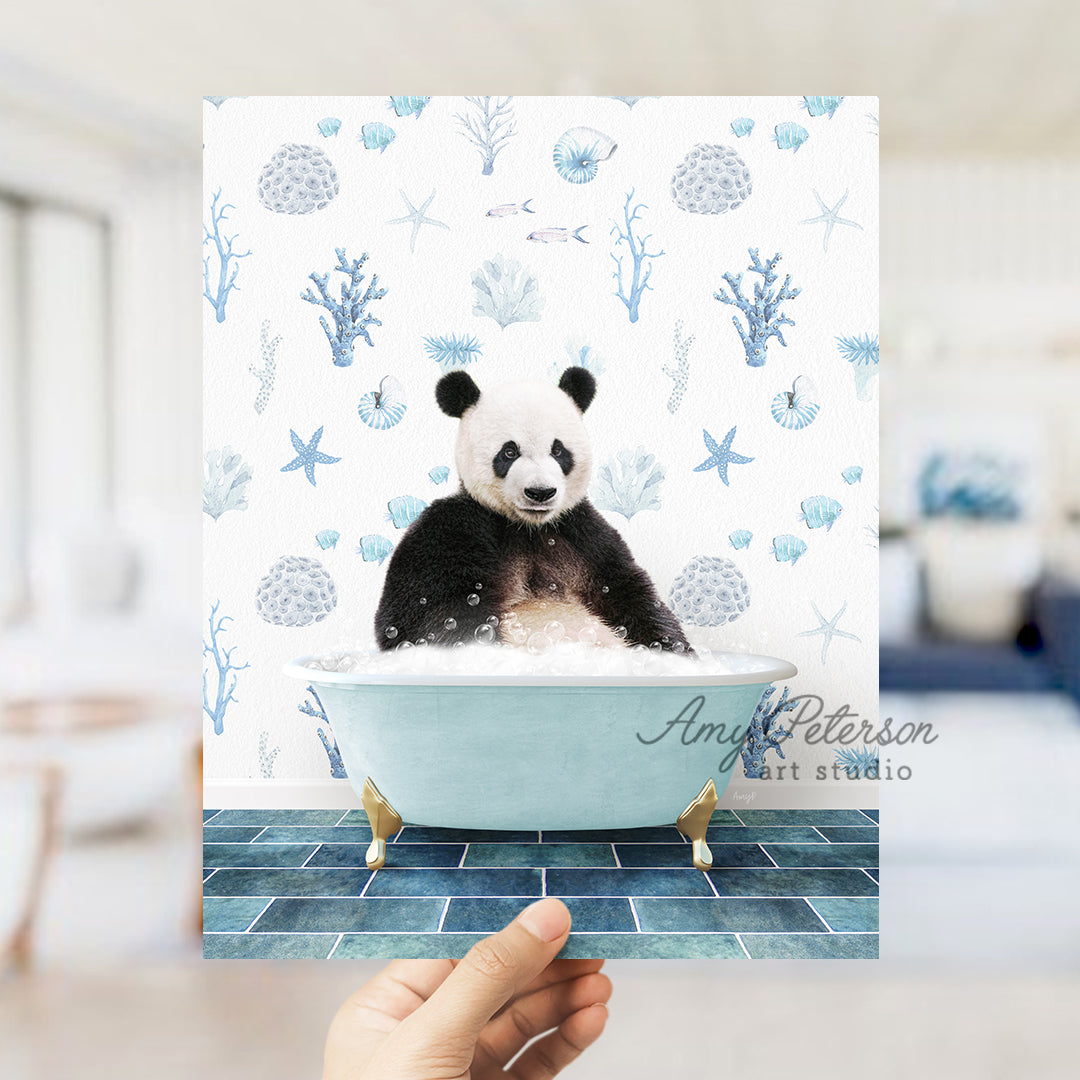 a person holding up a card with a panda bear in a bathtub