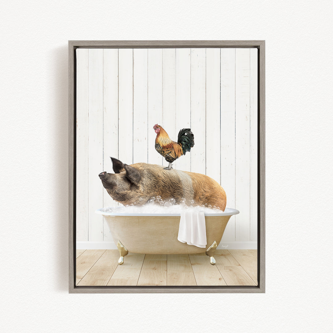 A rooster sits atop a pig lying in a bathtub, both appearing to enjoy the bathing experience.