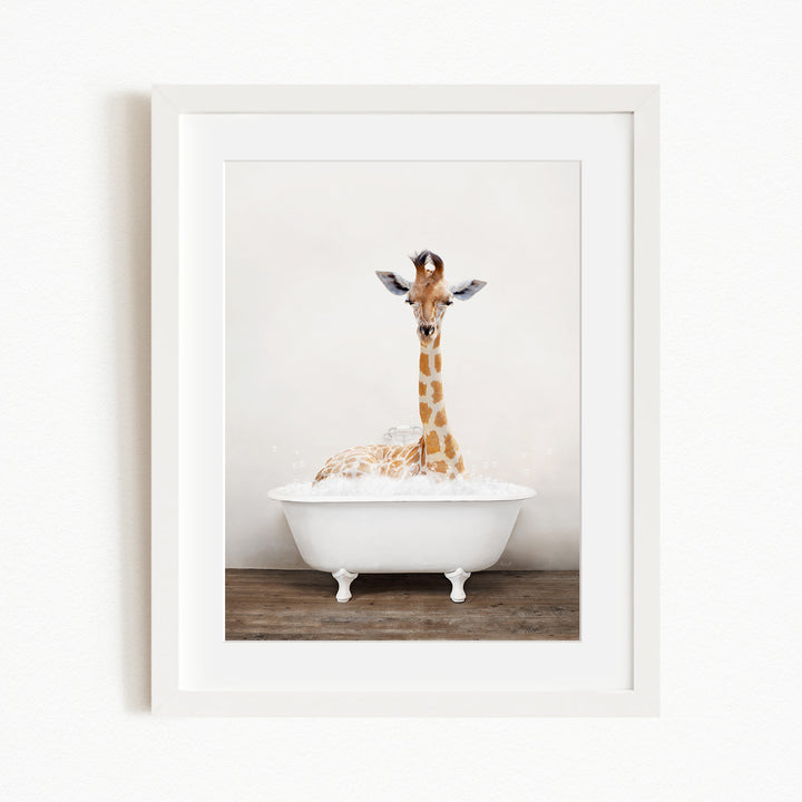 A giraffe sitting in a white bathtub filled with water, creating a whimsical and playful scene.