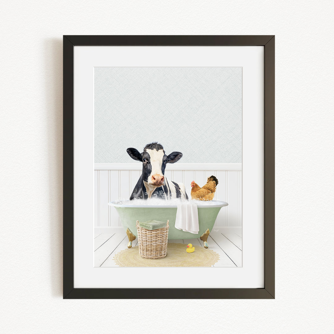 A black and white cow is sitting in a green bathtub, surrounded by a chicken and a duck, in a whimsical and playful scene.