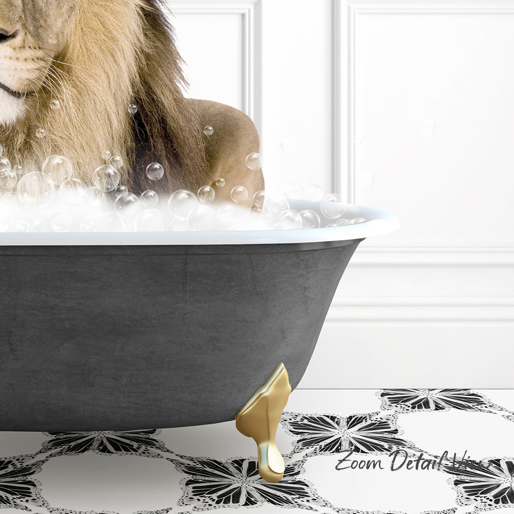 A lion is sitting in a bathtub filled with bubbles, with its head submerged in the water.