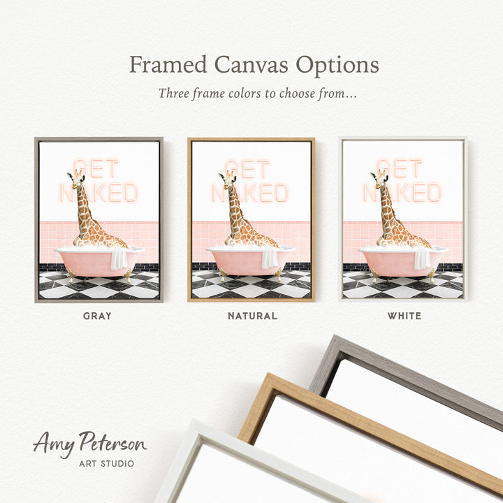 three framed canvas options featuring a giraffe in a bathtub, with each option having a different frame color.