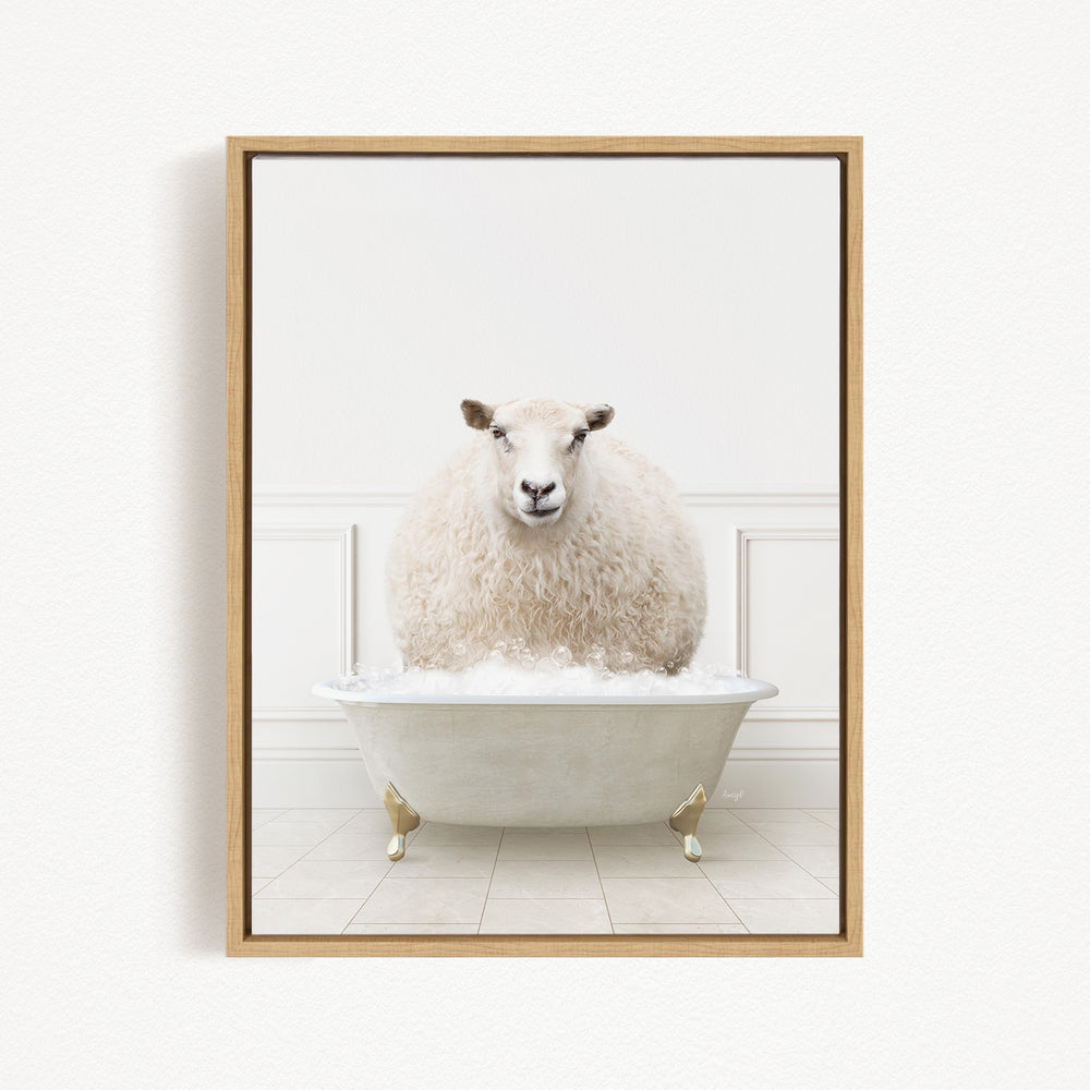 A fluffy white sheep sits in a white bathtub, surrounded by a white wall and tiled floor.