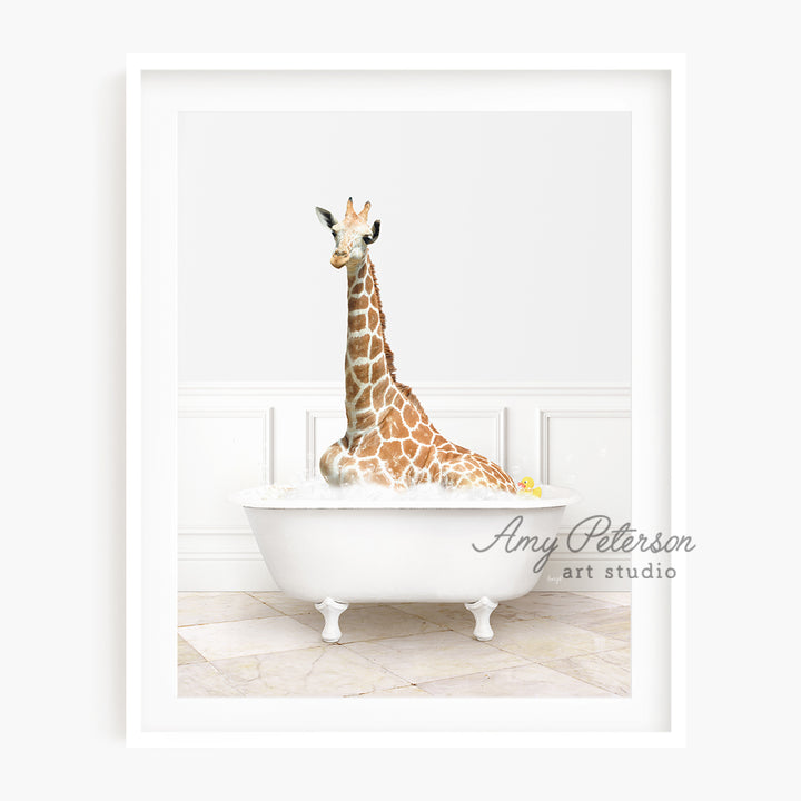 a giraffe is sitting in a bathtub