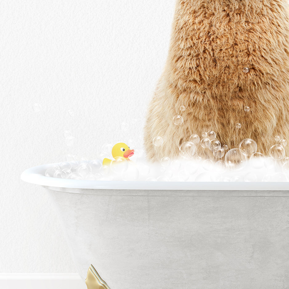 a brown bear sitting in a bathtub with bubbles