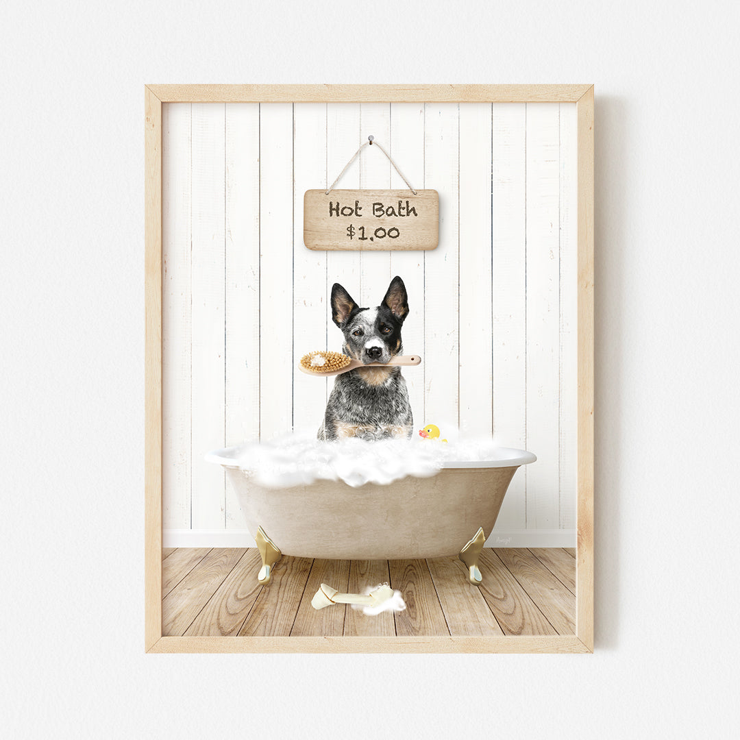 a dog sitting in a bathtub with a sign above it