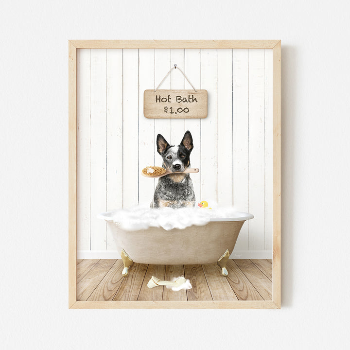 a dog sitting in a bathtub with a sign above it