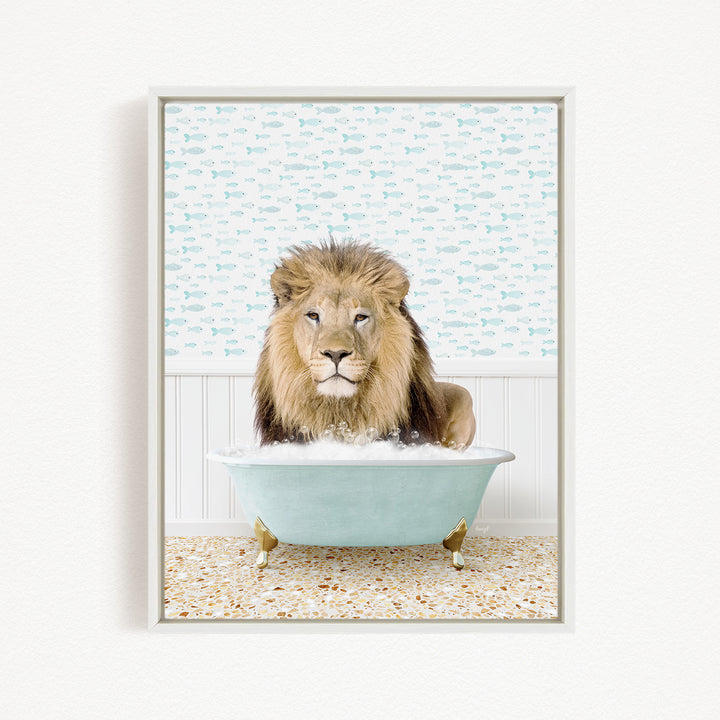 A lion sitting in a bathtub filled with water, surrounded by a pattern of fish.