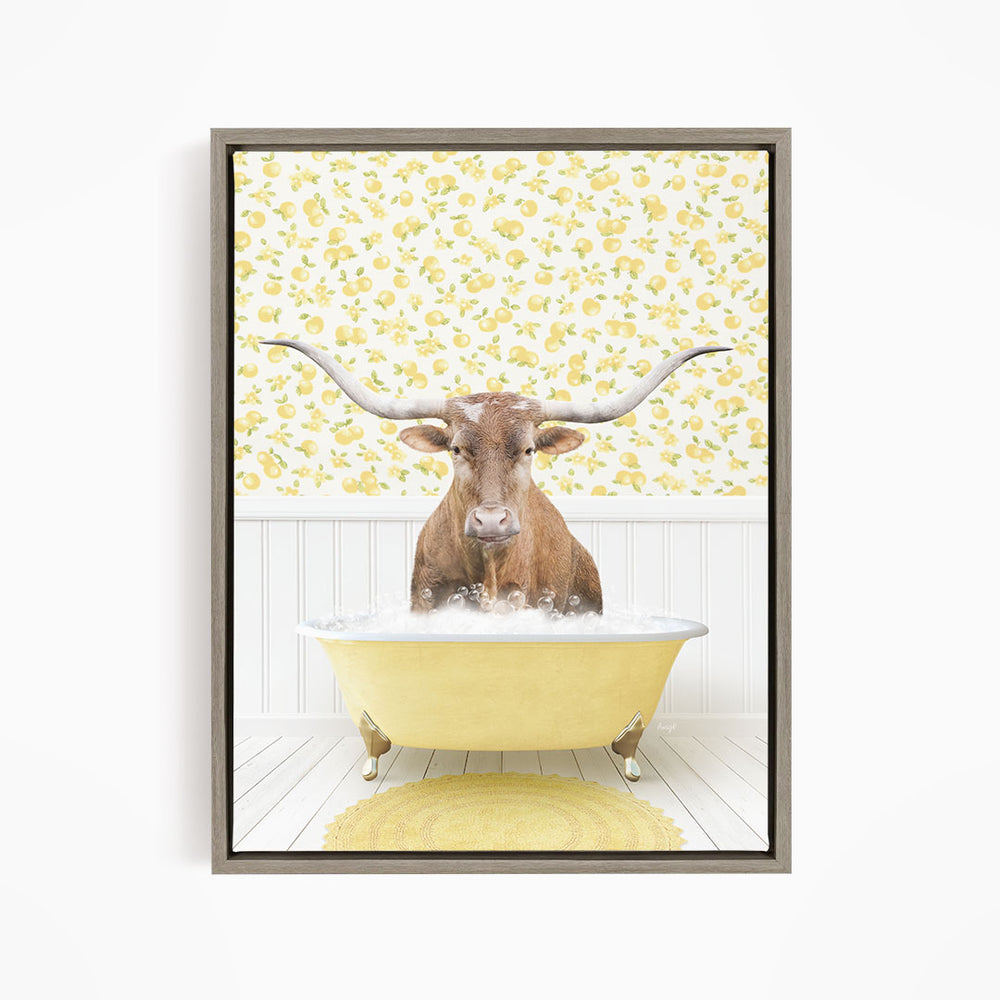 A brown cow with large horns is sitting in a yellow bathtub filled with water, surrounded by a yellow floral pattern on the wall behind it.