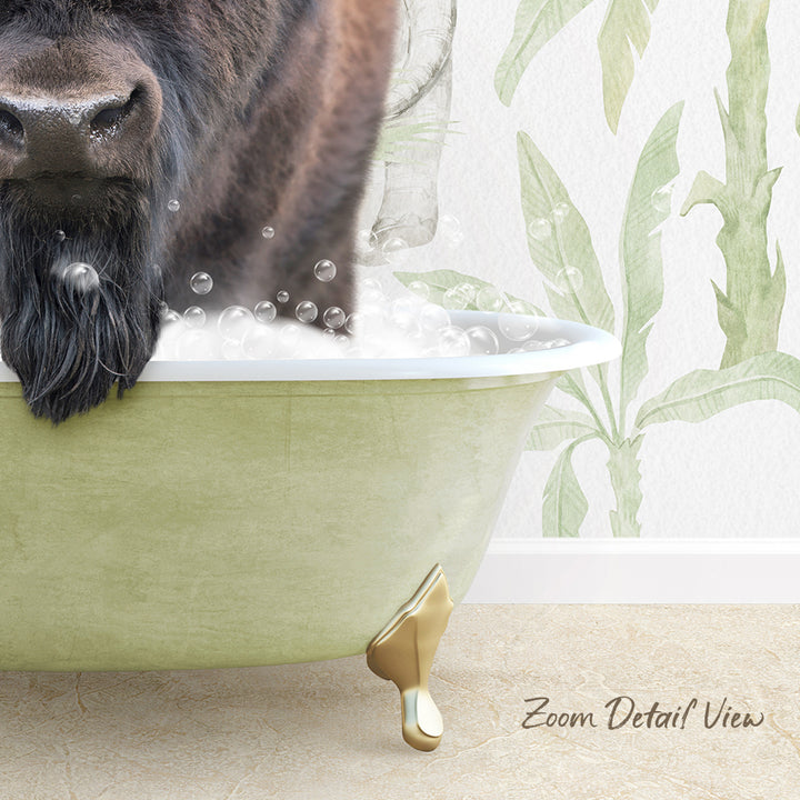 A dog is taking a bath in a green bathtub, with bubbles surrounding it, and a wall with a tropical plant design in the background.