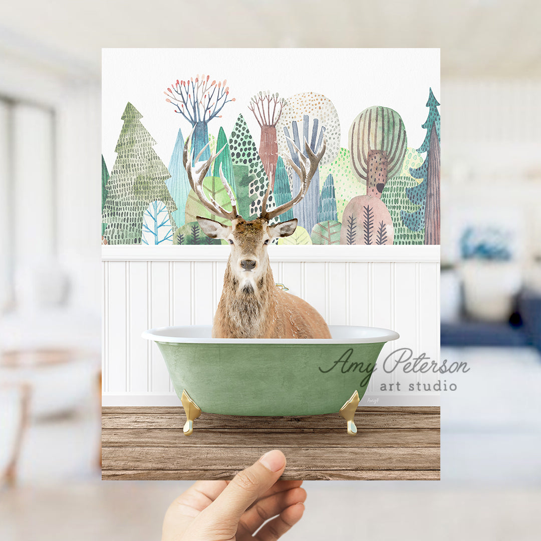 a person holding up a card with a picture of a deer in a bathtub