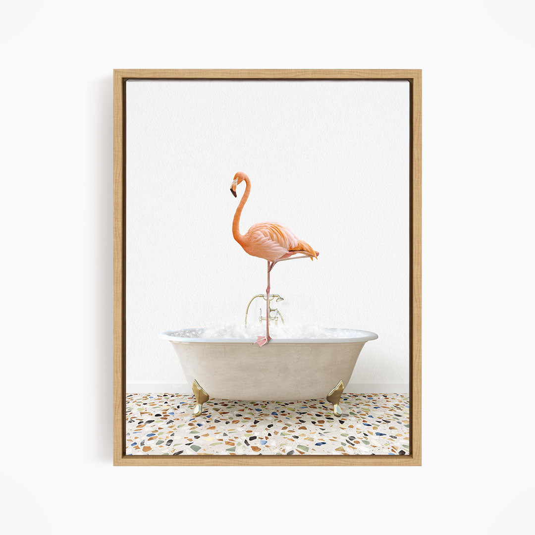 A pink flamingo standing on a white bathtub filled with water, set against a white background.