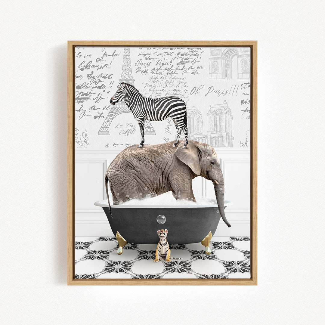 A zebra stands on the back of an elephant in a bathtub, with a tiger sitting in the tub next to them.