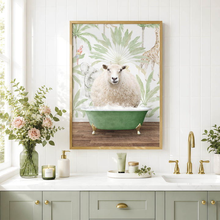 a bathroom scene with a framed picture of a sheep sitting in a bathtub, surrounded by a lush green and white tropical wallpaper. The bathroom counter has various toiletries and decorative items, including a vase with flowers, a candle, and a small plant.