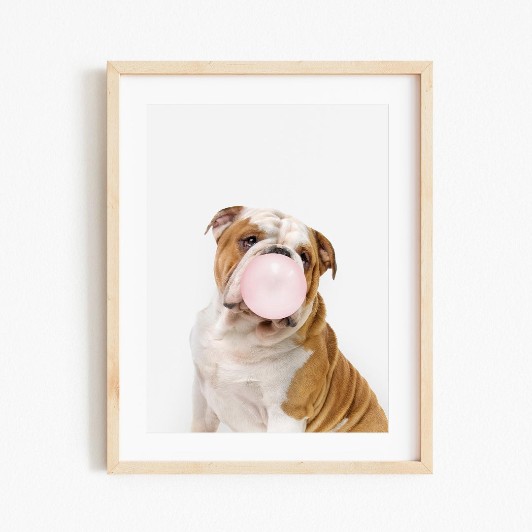 a brown and white dog with a pink bubble in its mouth